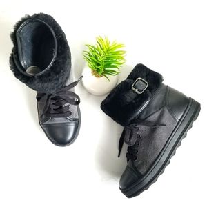 ALDO Ankle Boots Black Faux Fur Leather Lace Up Buckle Women's Shoes Flats